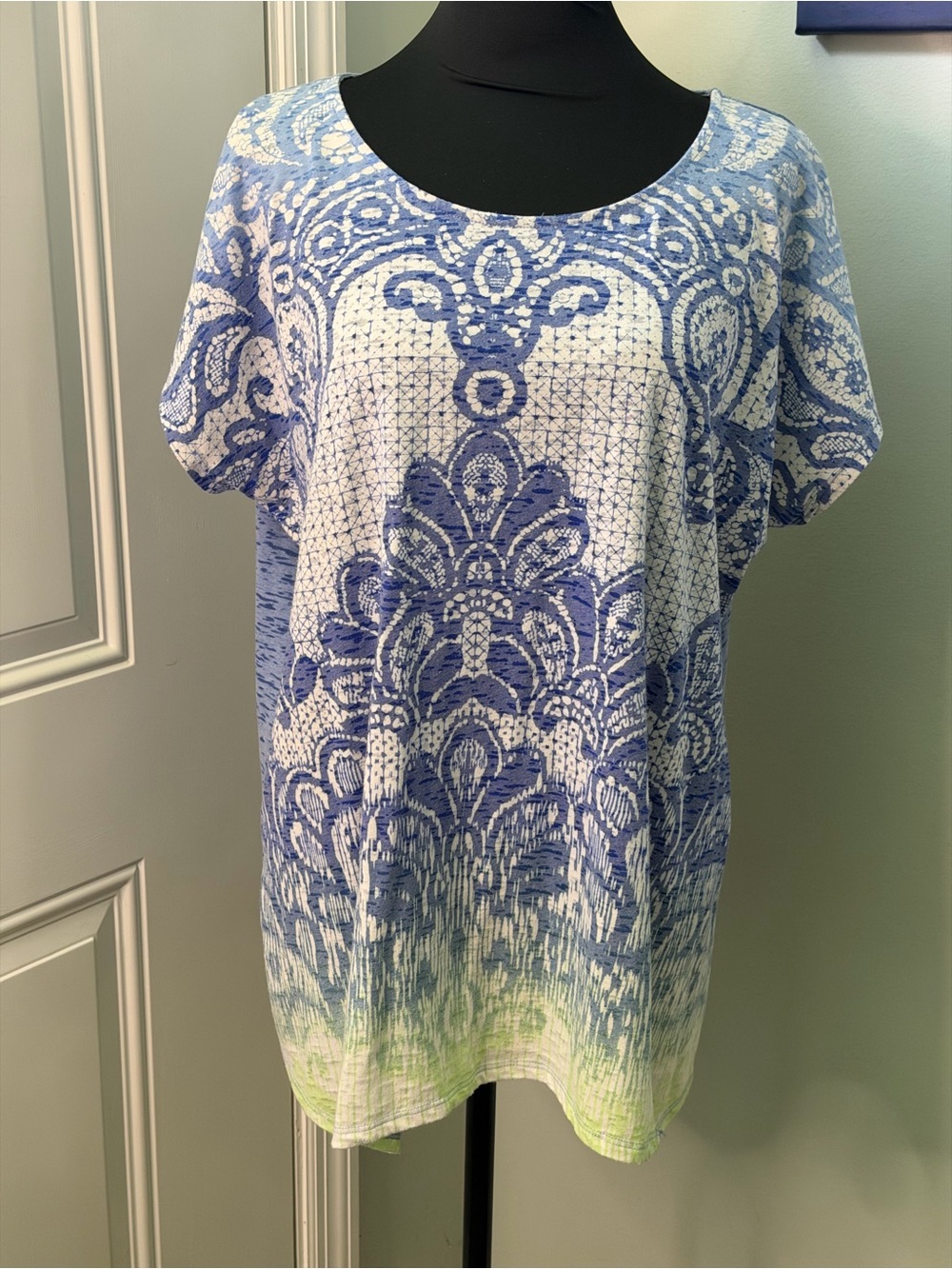 St. John's Bay Blue & White Patterned Short-Sleeve Tunic with Green Accent